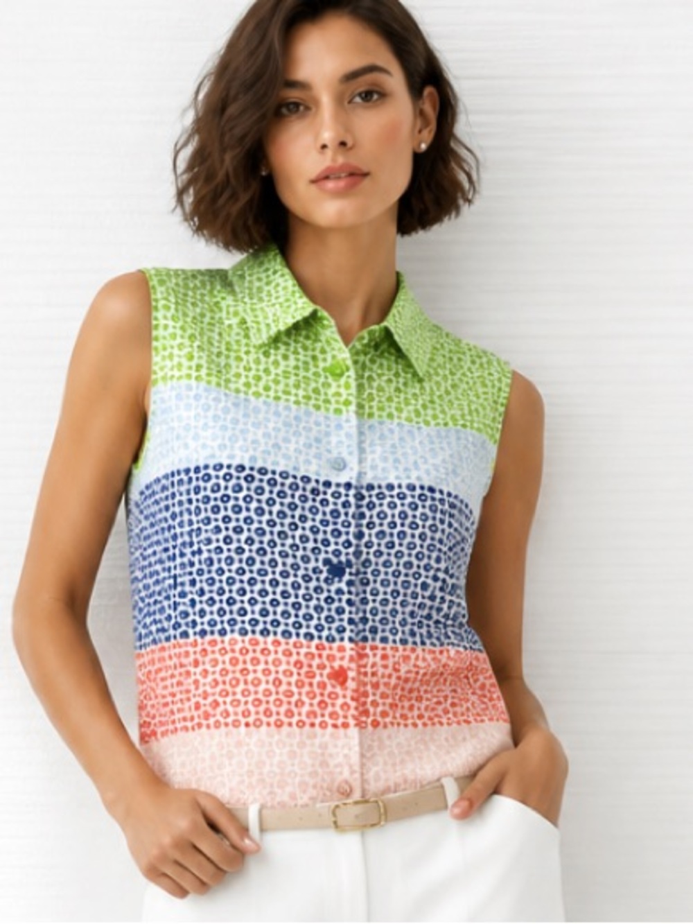 EQUIPMENT Blouse Sleeveless Colorblock 100% Silk Button Front Multicolor Green